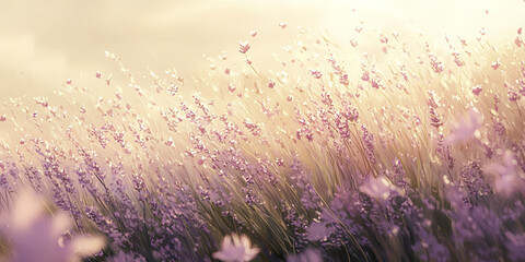 Field of lavender flowers swaying gently in breeze under soft sunlight, creating dreamy and peaceful atmosphere with delicate purple hues and natural beauty