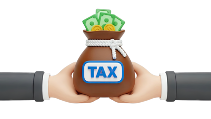 Hands holding a bag of money labeled 'TAX'