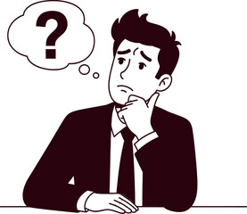 A man in a suit sitting at a table with a questioning thought bubble
