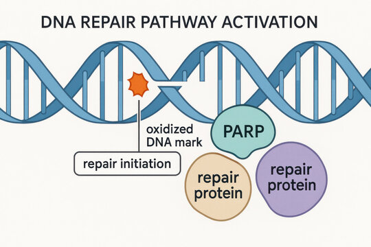 Scientific diagram of DNA repair pathway activation. repair protein at damaged site with an oxidized mark begins initiation process for cellular healing and study