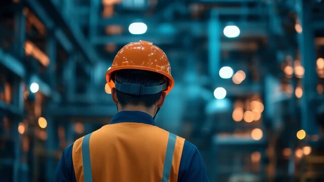 Asian engineer man wearing safety helmet stands confidently in a bustling industrial environment during evening hours, observing operations and ensuring safety protocols are followed