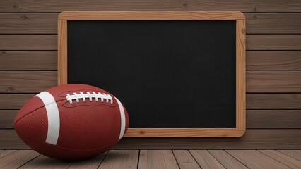American Football and Chalkboard on Wood Background, Blank Space, Concept