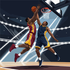 Fototapeta premium Dynamic basketball game action featuring two athletes competing for a powerful slam dunk
