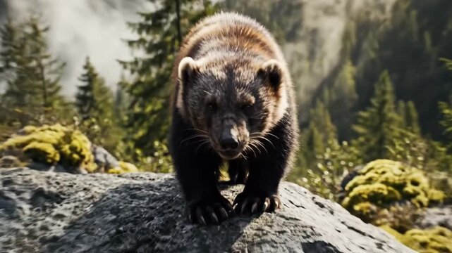 Wolverine Foraging in Lush Forest: A Cinematic Wildlife Encounter in Nature