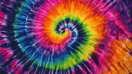 Vibrant psychedelic spiral tie-dye pattern showcasing a burst of rainbow colors and artistic flair