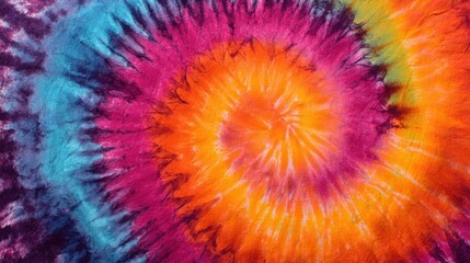 Vibrant psychedelic spiral tie-dye pattern on fabric showcasing a mix of warm and cool colors