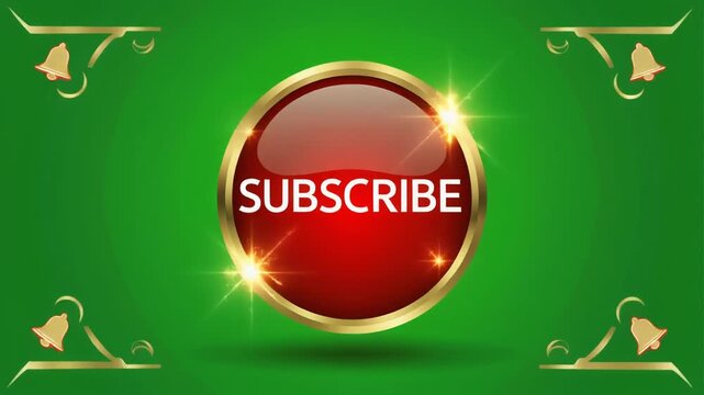 A glossy red subscribe button with a golden border and decorative corner elements on a vibrant green background.
