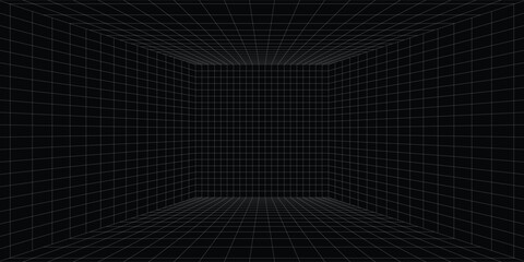 Futuristic perspective grid box. Abstract wireframe with white grid line on black background. Virtual reality landscape in 80s 90s digital style. Vector