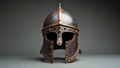  Viking helmet with metal and leather details on dark background