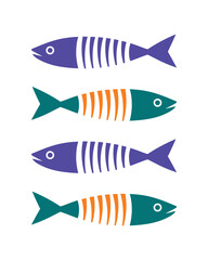 Colorful minimalist fish illustrations arranged vertically, featuring bold shapes and striped patterns in blue, teal, and orange tones.