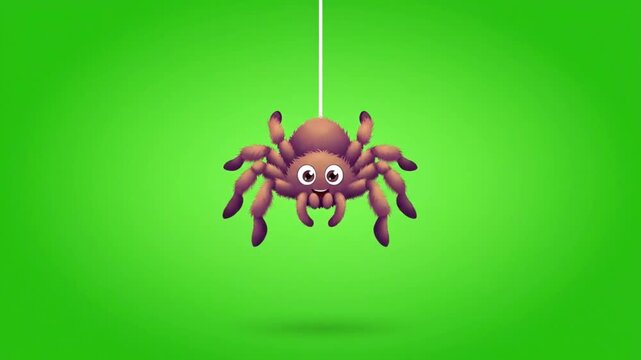 A friendly cartoon spider with big eyes, hanging from a thin white string on a vibrant green screen.