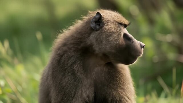 Close-up of a baboon in its natural habitat, looking around the area.