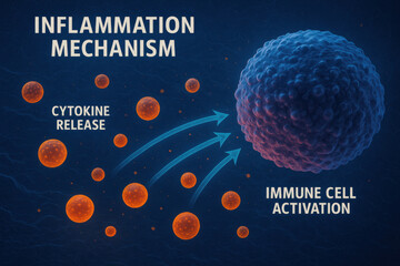 Dynamic scientific illustration of inflammation mechanism. Glowing cytokine molecules signal for immune cell activation. medical biology concept showing crucial body response