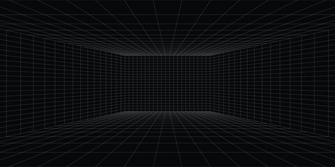 Futuristic perspective grid box. Abstract wireframe with white grid line on black background. Virtual reality landscape in 80s 90s digital style. Vector