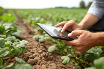 Farmer using tablet in field to monitor crop growth and improve yield.