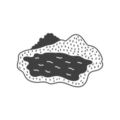 Lake Nature Scene Artwork. Stylized doodle water landscape featuring fantasy environment, clean lines, simple ink vector illustration for decorative design