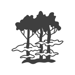 Mystical Forest Landscape Illustration. Whimsical ink drawing of fantasy woodland scenery, minimal abstract vector artwork for decorative nature themed projects