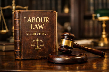 Authoritative labour law regulation book and judge gavel on desk. This concept of justice and judgment within legal system conveys serious tone in vintage courtroom setting