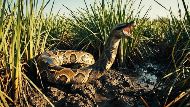 Aggressive Burmese Python in its Natural Habitat, Ready to strike the viewer
