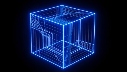 Glowing blue cube with internal lines against a black background