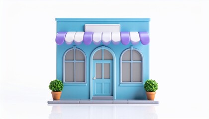 Cartoon-style shop with blue facade, purple awning, and potted bushes