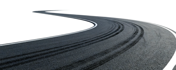 Curved Asphalt Road with Tire Marks and White Lines