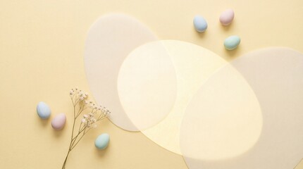 Easter eggs and flowers on pastel yellow background with white circles with spring and holiday and celebration and colorful and decorative and flat