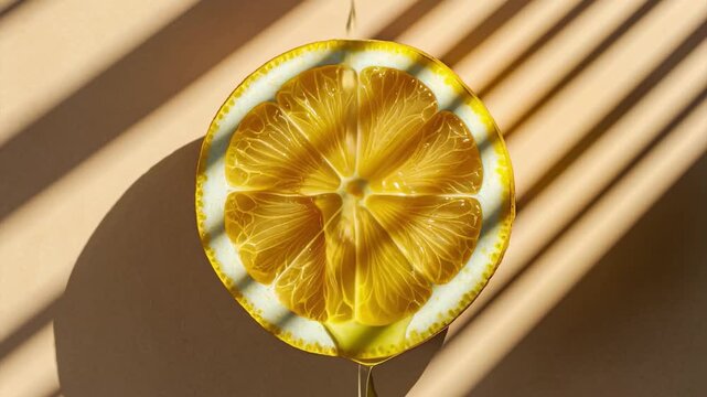 Juice droplets glide in slow motion over lemon segments, revealing succulence in a clean geometric style