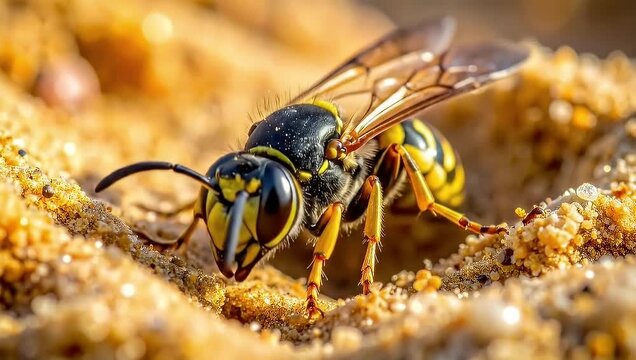Macro Capture of a Potter Wasp Exploring a Nesting Site in the Sand