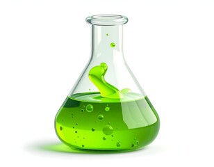 Green liquid splashes inside a clear, round-bottomed flask