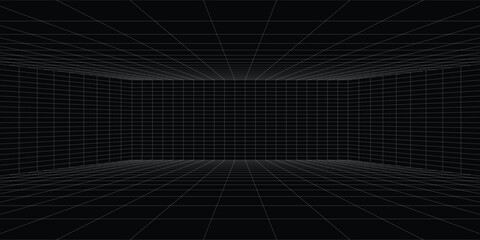 Futuristic perspective grid box. Abstract wireframe with white grid line on black background. Virtual reality landscape in 80s 90s digital style. Vector