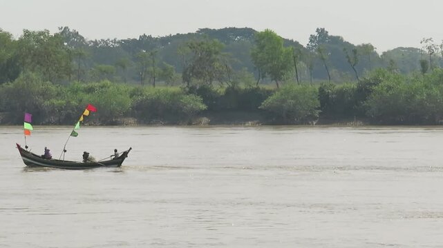 Traditional Burmese Boats on a Tributary of the Yangon and Bago Rivers in Myanmar