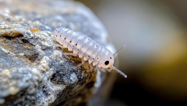 Close-up of a small, translucent insect on a textured rock surface.