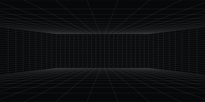 Futuristic perspective grid box. Abstract wireframe with white grid line on black background. Virtual reality landscape in 80s 90s digital style. Vector