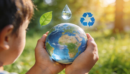 child hands holding earth globe with floating eco icons for leaf water and recycling in a sunny garden representing environmental education for future generations and sustainability