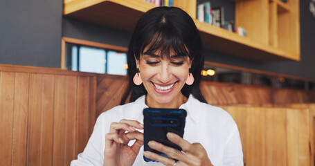 Business woman, phone and smile in coffee shop for break, social media or remote work. Mature...