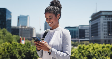 Phone, typing and business woman in city for commute, messages and networking. Morning communication, travel and professional person on smartphone for connection, notifications and contact in town