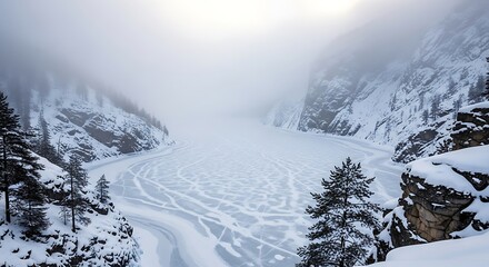Stunning Winter Landscape of a Frozen Lake Surrounded by Snow-Covered Mountains and Pine Trees.
