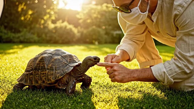 Man Interacts with a Giant Tortoise in a Sunny Outdoor Setting.