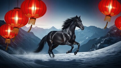 Fototapeta premium A black stallion gallops through snowy mountains beneath glowing red lanterns.