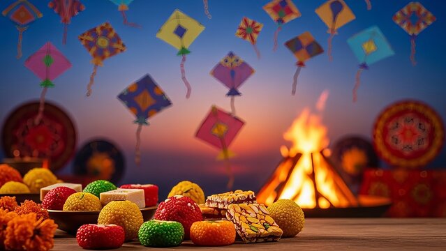 Indian festival celebration with colorful kites flying, bonfire, and sweets