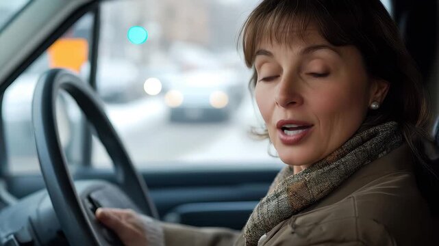 Smiling business woman confidently driving through a busy city street during the day while showcasing her positive outlook and professionalism