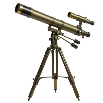 Antique brass telescope on tripod isolated on transparent background