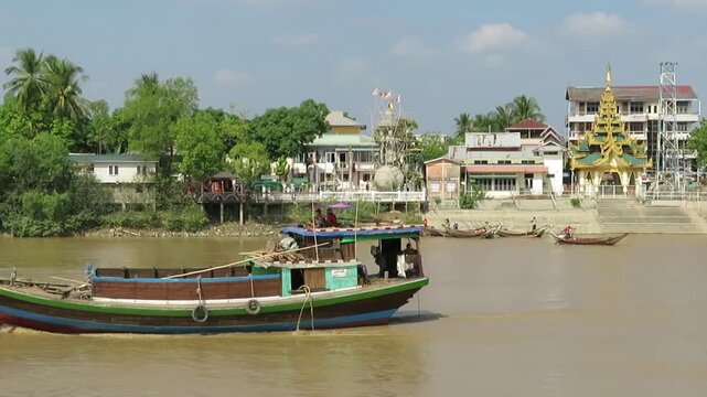 Traditional Burmese Boats on a Tributary of the Yangon and Bago Rivers in Myanmar