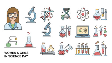 Infographic icon set celebrating Women and Girls in Science Day with various science-related illustrations and equipment on a white background.