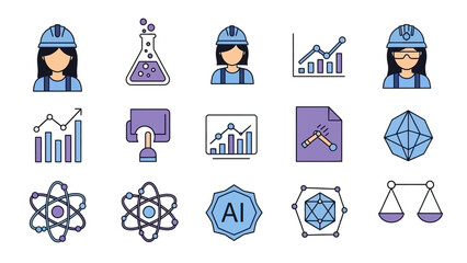 Infographic icon set for Women and Girls in Science Day, featuring STEM-related symbols in purple and blue hues on a white background with a modern and educational feel.