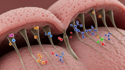 Microscopic 3D render of taste or olfactory receptors showing molecular interaction and sensory perception.
