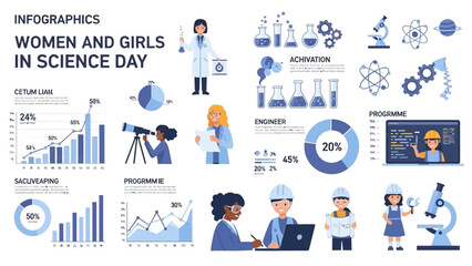 Flat lay of a diverse group of scientists and engineers infographic icons celebrating Women and Girls in Science Day with a blue and white color scheme conveying a sense of innovation and
