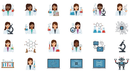Flat lay of a diverse set of infographic icons depicting Women and Girls in Science Day with various STEM-related graphics and scientists in a colorful and educational layout against a