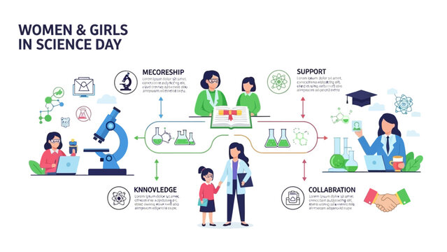 Infographic illustration for Women and Girls in Science Day featuring diverse professionals and students with science icons and educational elements in a colorful flat lay composition. - Powered by Adobe